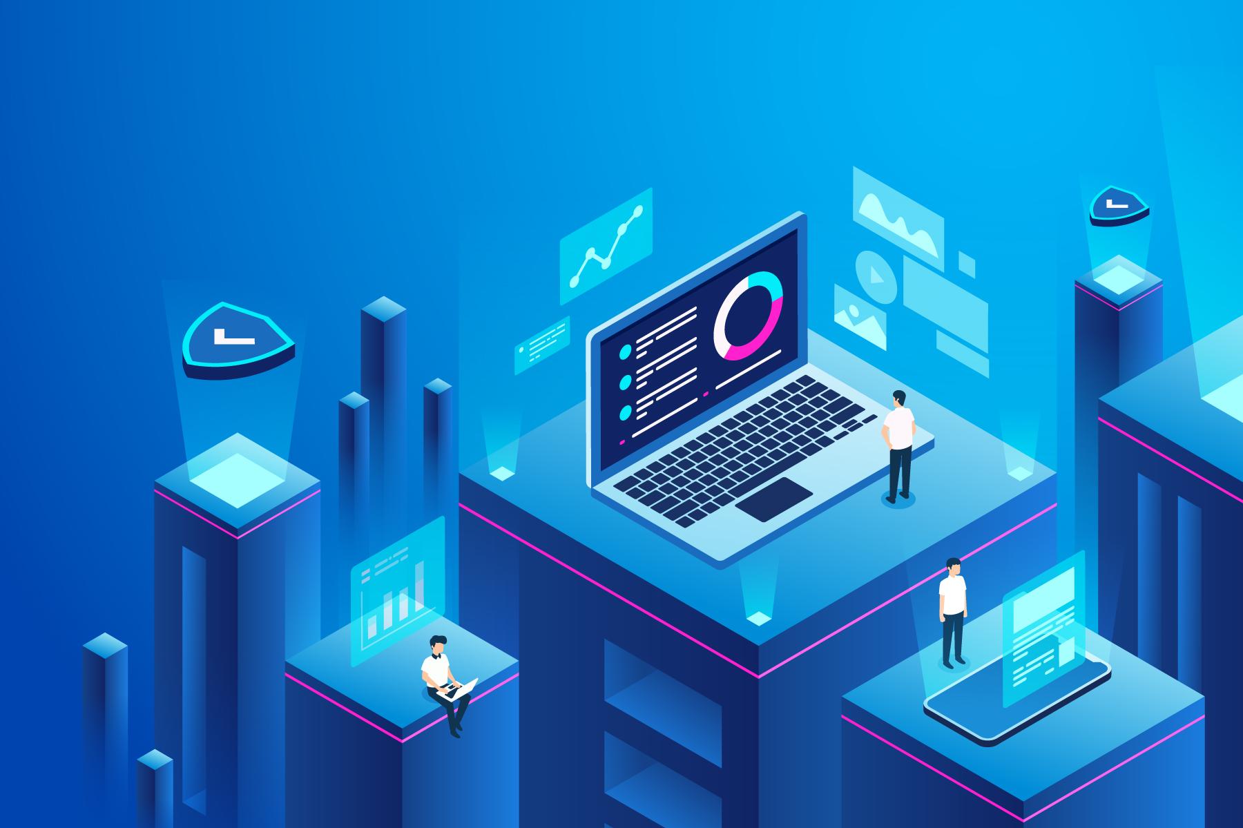 Isometric illustration of web application development across devices