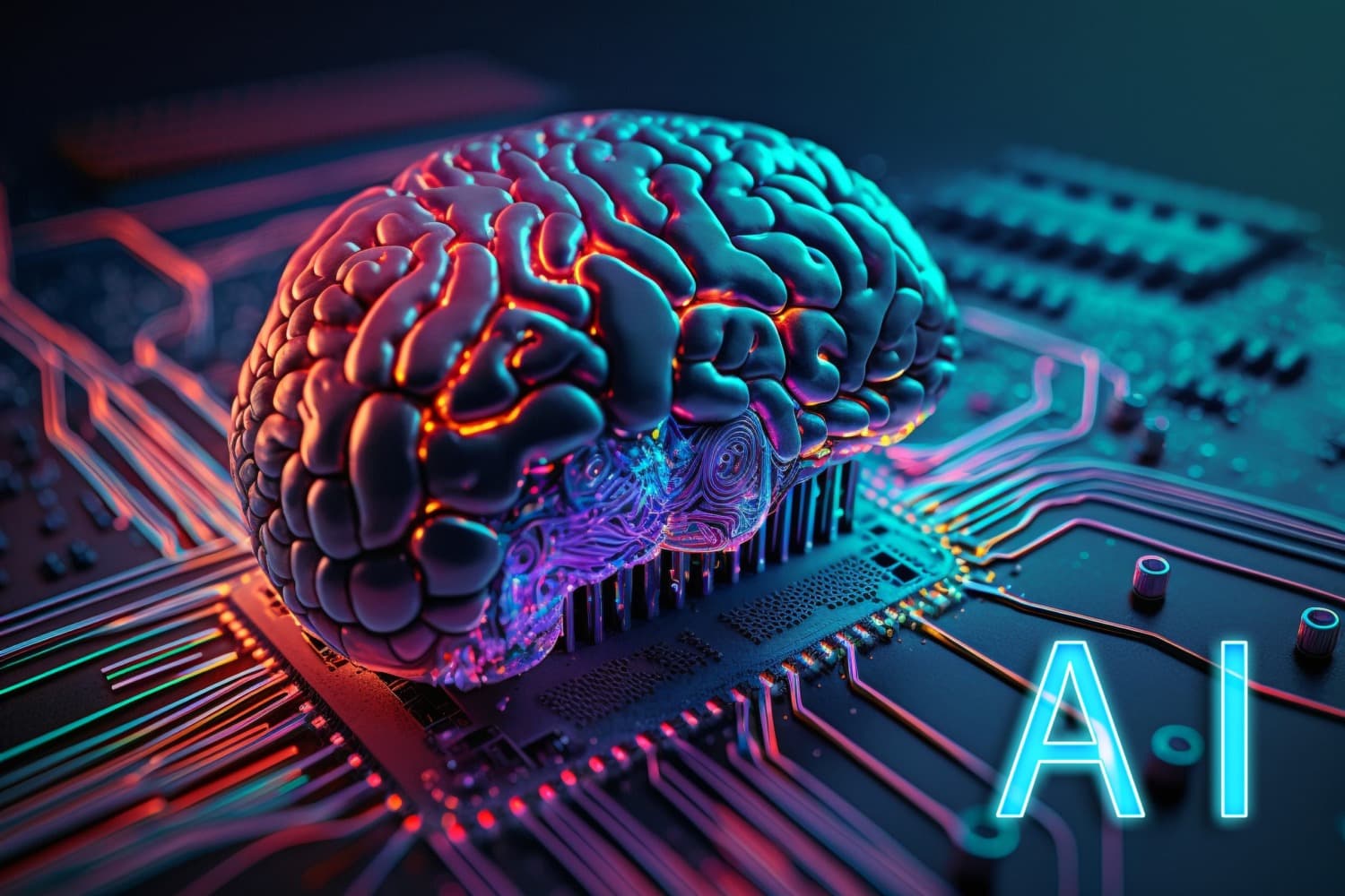 AI brain on a circuit board, representing AI and automation services